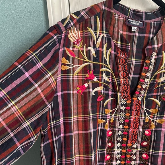 Embroidered Johnny Was V-neck Plaid Burgundy Floral size XL - Picture 3 of 10